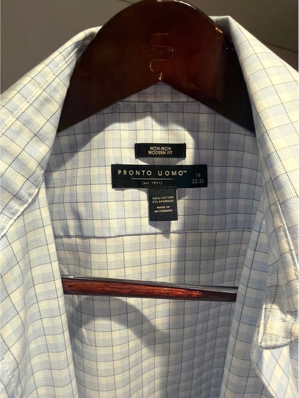 Pronto Uomo Men's Modern Fit Non-Iron Dress Shirt Size 16 32/33 Light Blue Check